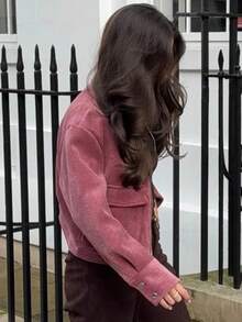 TRAFZA Spring Elegant Casual Pink Rose Velvet Jacket With Faux Leather Collar - Dusty Rose - View 6