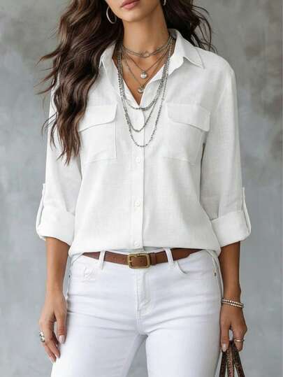 女士长袖衬衫 - 纯色纽扣衬衫，办公休闲装，优雅专业风格，经典领型设计，春季休闲款