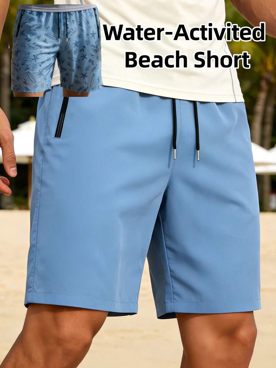 Pantalones cortos de playa casuales para hombres con estampado activado por agua, de secado rápido y ajuste holgado para vacaciones - Azul - Ver 1