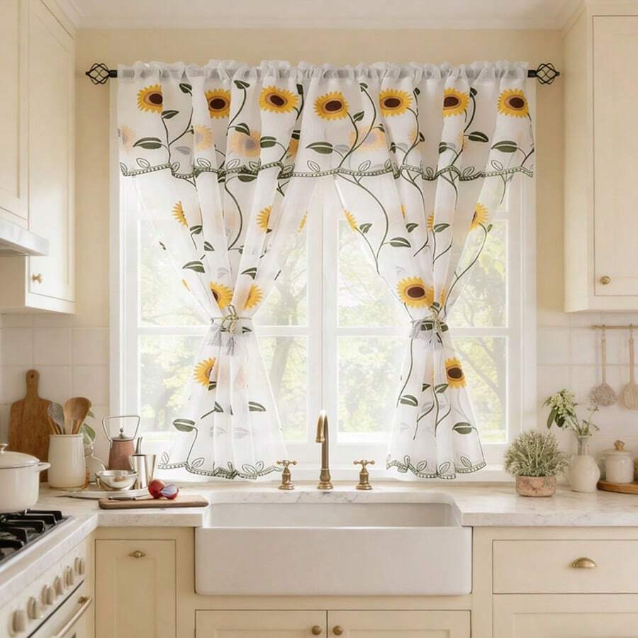 2 cortinas con bordado de estampado de girasoles, cortinas de ventana de 200X150 cm, para ventilación, filtrado de luz, aptas para ventanas pequeñas, semiopacas, no completamente transparentes, cortinas de dormitorio, decoración de dormitorio, sala de estar y dormitorio