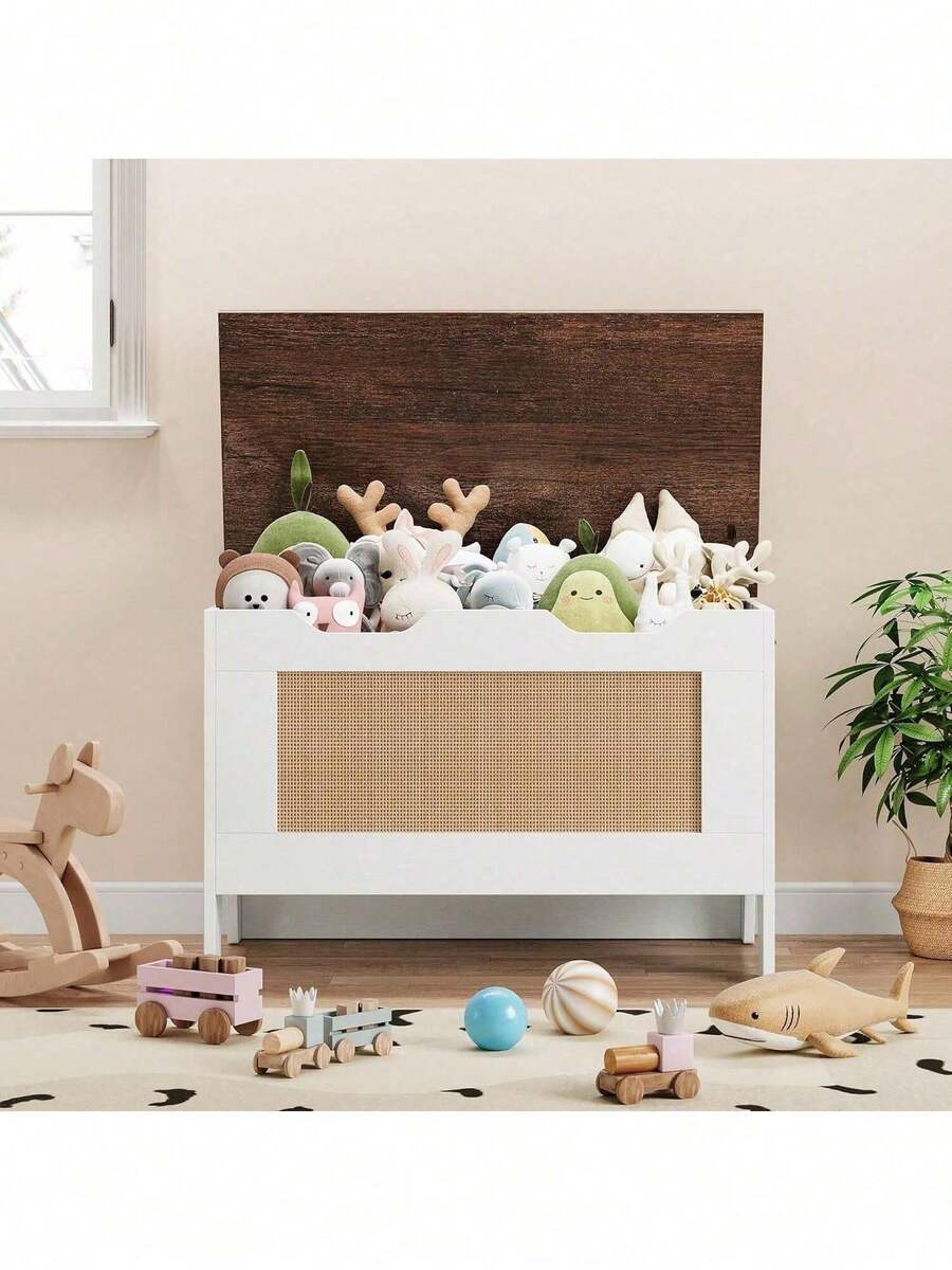 Cesta de almacenamiento madera con tapa, Caja de juguetes madera para niños y niñas, Caja de juguetes madera para niños grandes, Banco de almacenamiento con bisagra de , Baúl almacenamiento para la entrada, Sala de estar, Dormitorio, Sala de juegos. - 30 pulgadas - Marrón y blanco - Ver 1
