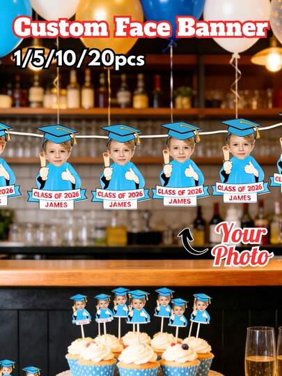لافتات وجه مخصصة، لافتات حفلة تخرج شخصية، لافتات قبعة التخرج من المدرسة الثانوية، طقم قص ورقي مخصص لقبعة الكلية؛ لحفلات التخرج والاحتفالات وحفلات المدرسة وديكورات الحفلات والعودة إلى المدرسة، هدايا عيد الميلاد للابن/البنت؛ قص ورقي كبير للوجه، لافتات وجه (أنماط متعددة)؛ متعددة الوظائف