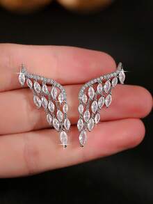 1pair Elegant Cubic Zirconia Designed Angel Wing Design Earrings For Women For Daily Decoration For Party Banquet Wedding,Summer,Jewellery,Festival - Silver - View 4