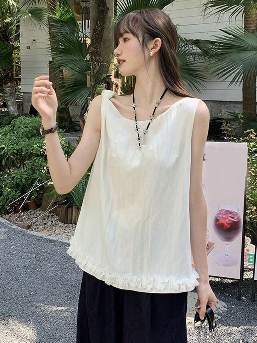 Top holgado sin mangas con volantes para mujer, nueva llegada - Blanco - Ver 1