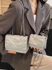 2026 New Arrival Chic Chain Strap Small Square Bag, Unique Design Shoulder Bag, Fashionable Commuter & Casual Crossbody Bag For Women - Silver - View 3
