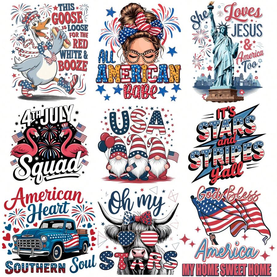 9-Pack American Impression Iron-On Transfer Sticker Design Floral Cat Decal Heat Press Decal Vinyl Heat Transfer Patches For DIY Clothing T-Shirt Denim Jacket - A - View 1