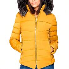 Shendy Vendy Chamarra Para Mujer Poliéster Cálido Con Cuello Tipo Piel - Amarillo Mostaza - Ver 5