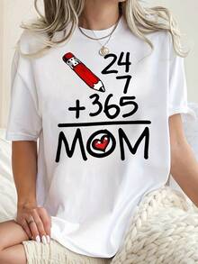 Creative And Fun English Math Addition Pattern Print Women's Fashion  Round Neck Short Sleeve T-Shirt, Simple Casual Sporty Tee, Comfortable Summer Holiday Top For Women - trắng - Xem 6