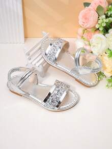 1 đôi sandal La Mã lấp lánh màu vàng cho bé gái, kiểu dáng công chúa sang trọng cho mùa hè. - Bạc - Xem 4