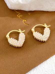 一对心形仿珍珠甜美轻奢名媛时尚节日礼物度假日常轻奢高端女士耳环 - 白色 - 查看 2