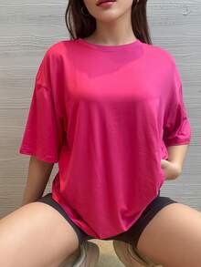Kaos Olahraga Lengan Pendek Warna Hitam Polos Kasual Longgar - Hot Pink - View 5
