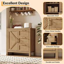 clóset Buffet con Almacenamiento, clóset de Almacenamiento de Madera con 3 cajones, Barra de café con Estante Ajustable, pies de Madera Fuerte, aparador para Sala de Estar de Estar o Sala Principal, Nogal - Color madera de nogal - Ver 6