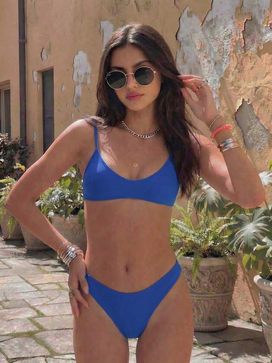 Nuevo conjunto de bikini bohemio de primavera/verano con tirantes ajustables, escote en V, sexy, elegante y casual, adecuado para la playa, vacaciones y fiestas - Azul - Ver 1