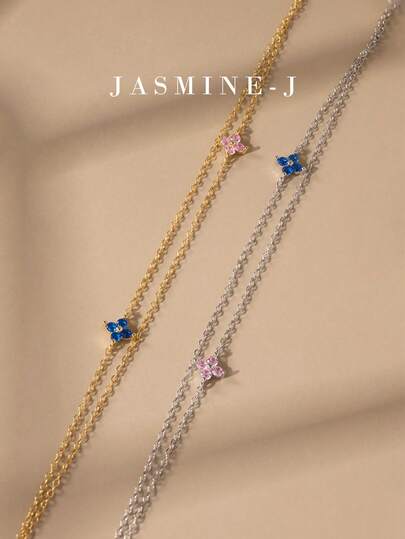 1pc S925 Sterling Silver Double Four-Leaf Clover Bracelet,Colored Zirconia Bracelet,Four-Leaf Clover Bracelet,Gold Bracelet,Double-Layer Bracelet,Minimalist And Versatile Design,Suitable For Everyday Wear