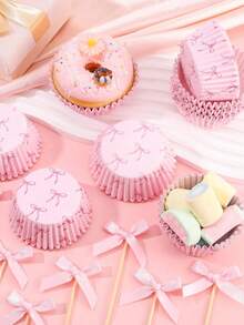 100pcs Pink Bow Cupcake Liners, Bow Cupcake Wrappers For Baking, Bow Ribbon Cake Decorations, Birthday Cake Decor, Bachelorette Party, Bridal Shower, Birthday, Wedding Party Supplies - Multicolor - View 6