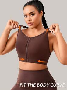 1pc Women Plus Size Sports Bra, Adjustable Back Support, Front Zipper Closure, Casual Wear - Coffee Brown - View 4