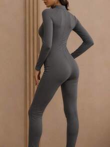 New Fashionable Personalized Street Style Commuter Tight Zip-Up Long Sleeve Jumpsuit Black Spring - Grey - View 5
