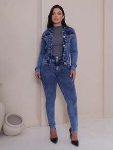Jaqueta Jeans Moda Feminina Lavagem Clara e Escura - Azul Claro - Visão 6