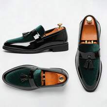 男士丝绒皮革流苏乐福鞋 - 奢华正装鞋，橡胶鞋底，适合正式场合和商务休闲穿着 - 綠色 - 查看 2