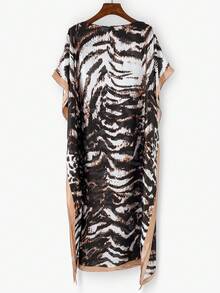 1pc Women's Retro Elegant Animal Print Faux Silk Kaftan Shawl, Versatile Long Satin Coverup For Summer Beach, Pool, Vacation, Sun Protection - Multicolor - View 1