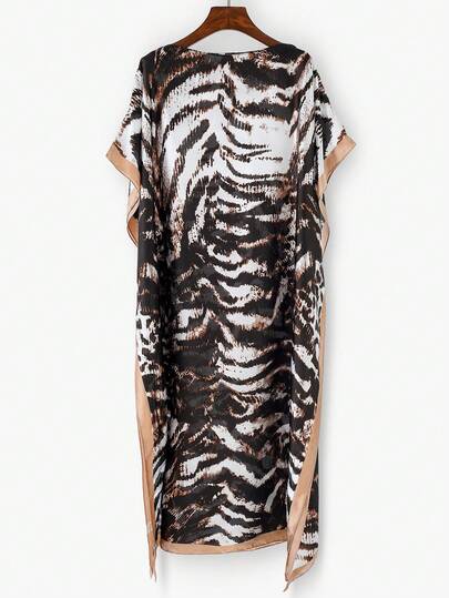 1pc Women's Retro Elegant Animal Print Faux Silk Kaftan Shawl, Versatile Long Satin Coverup For Summer Beach, Pool, Vacation, Sun Protection