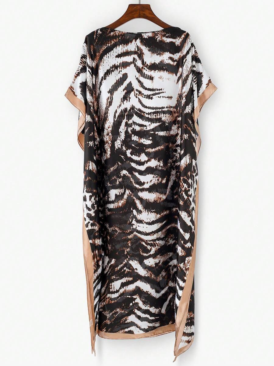 1pc Women's Retro Elegant Animal Print Faux Silk Kaftan Shawl, Versatile Long Satin Coverup For Summer Beach, Pool, Vacation, Sun Protection - Multicolor - View 1