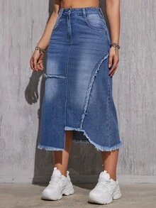 女士不对称下摆优雅时尚流苏水洗牛仔半身裙度假休闲春季 - 中等水洗藍 - 查看 5