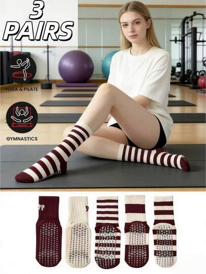 1/3双装女士条纹蝴蝶结瑜伽袜，适合锻炼、跑步、跳舞、健身、普拉提，防滑袜，普拉提抓地袜，防滑牵引袜