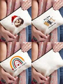 1pc Reusable Canvas Bag With Cute Pattern, Pencil Case, Handheld Large Capacity Student Textbook & Assignment Storage Bag, Subject Organizer File Folder, Zipper Document Pouch, Cosmetic Bag - Multicolor - View 1