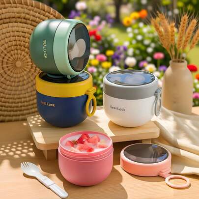 Oatmeal Bento Box, Portable Yogurt Cup With Lid And Spoon, Silicone Handle Breakfast Cup, Food Container, Lunch Bag, Oatmeal Cup Lunch Bag, Leak-Proof Food Container, Suitable For Home, School, Office, Travel, Outdoor Picnic, Fit For Fruit, Pudding, Yogurt, Salad, Cereal, Milk, Soup, Etc.