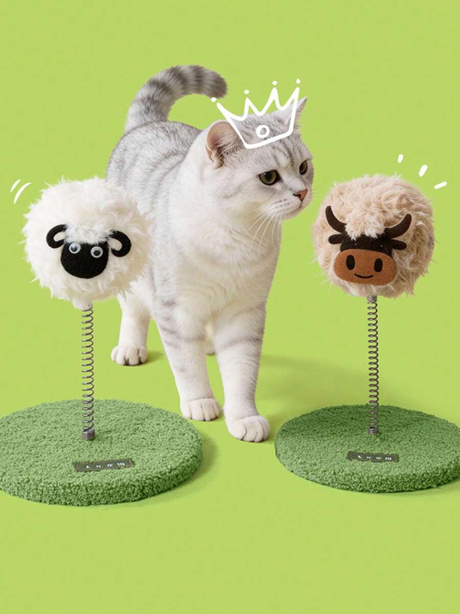 1 pieza Nueva Tabla rascadora multifuncional inteligente y creativa, duradera y resistente a los arañazos, con base de hierba, muelle oscilante, muñeca de peluche de oveja/vaca móvil, palito de hierba gatera, adecuada para gatos medianos/grandes, suministros para mascotas de interior, sin batería, ideal para entretenimiento solitario, interacción, entrenamiento de alimentación lenta, consumo de energía, liberación de instinto, alivio del aburrimiento, reducción de comportamiento destructivo, gran regalo para el cumpleaños de gato/perro