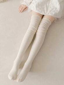 1双女士保暖过膝长袜，秋冬季 - 白色 - 查看 5