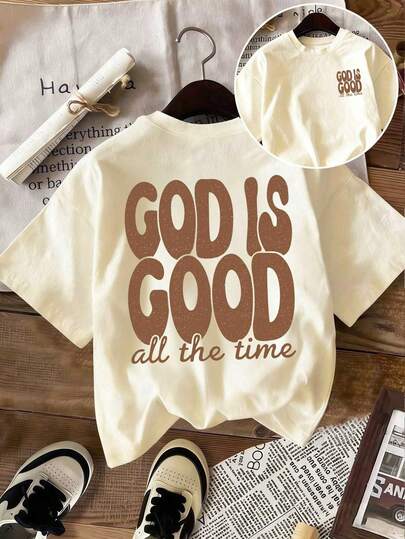 大码女式标语印花圆领短袖休闲百搭T恤