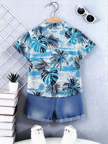 4-8岁男童热带衬衫套装，夏威夷印花衬衫+做旧牛仔短裤两件套，夏季款式 - 藍色 - 查看 3