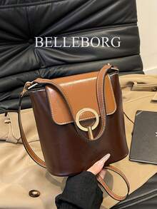 亮面漆皮圆环迷你水桶包，时尚都市通勤百搭手提包/单肩包，女士 - 咖啡 - 查看 1