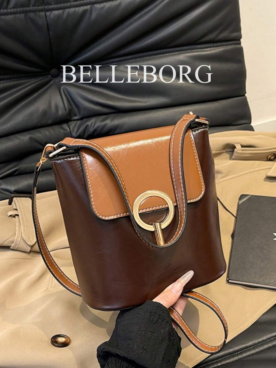 亮面漆皮圆环迷你水桶包，时尚都市通勤百搭手提包/单肩包，女士 - 咖啡 - 查看 1