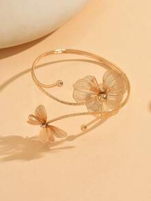 1pc Fashionable & Elegant Adjustable Anklet For Women, Versatile Floral Design With Golden Butterfly Charm, Suitable For Holiday, Beach, Travel Wear - Gold - View 2