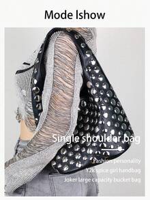 2026新款欧美时尚女士休闲个性化单肩包，Y2K个性化甜美酷炫小众设计波点铆钉腋下包复古时尚前卫大容量水桶包 - 彩色 - 查看 9