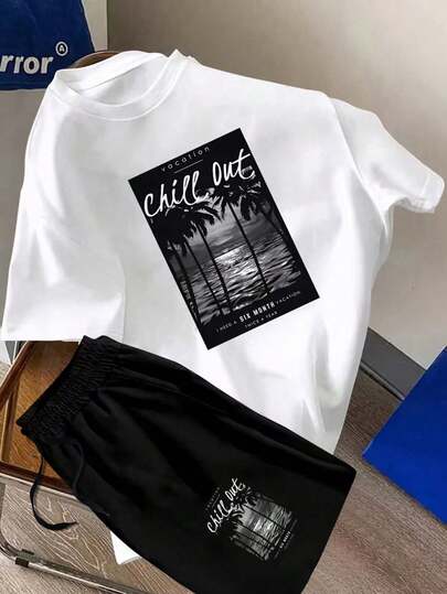 This Set Of White T-Shirt, Black Shorts And Round Neck Short Sleeve Casual T-Shirt With Letter Pattern, Paired With Drawstring Waist Shorts, Is A Fashionable And Cool Summer Outfit, Very Suitable For Teenagers To Wear, And Also A Perfect Gift For Family And Friends.