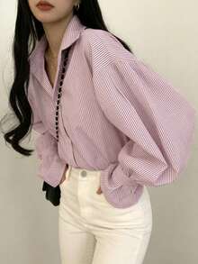 Blusa/camisa de manga larga holgada con botones y cuello único a rayas, de estilo casual, color rosa, para primavera - Rosa - Ver 5