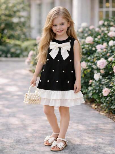 Girls' Summer Party Dress, Black Polka Dot, 3D Oversized Bow, Double-Layer Ruffle Hem, Sweet & Elegant, Vintage Chic
