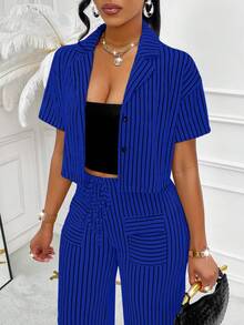 AIJ Amarilo Women's Summer Casual Striped Shirt And Pants 2 Pieces Set, Random Floral Pattern - Royal Blue - View 6