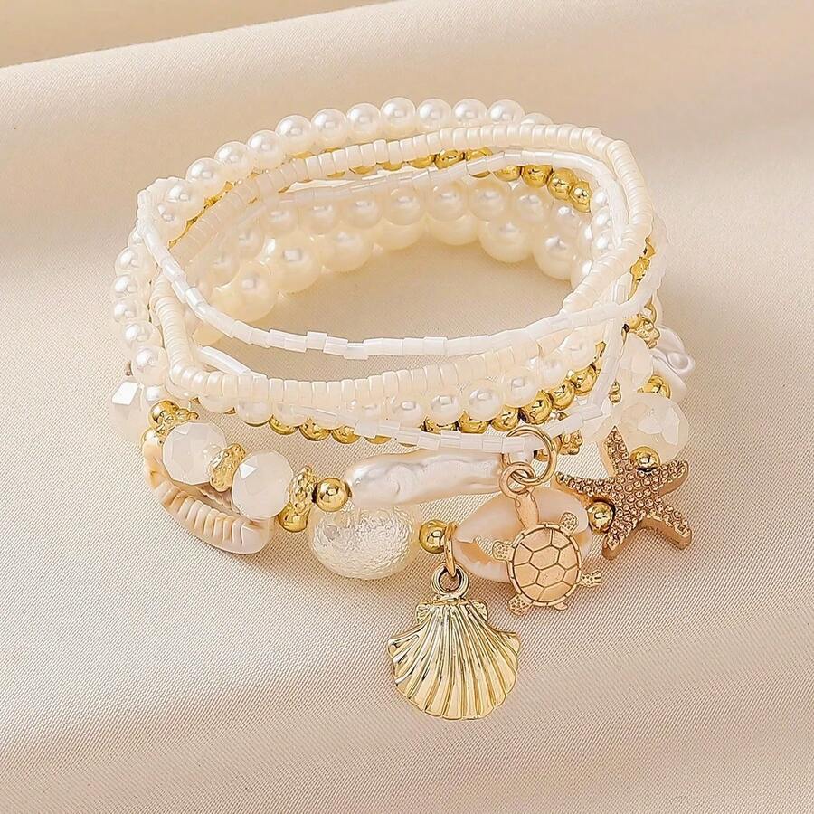 Bộ 7 vòng tay hạt cườm hình vỏ sò, ngọc trai và sao biển, kiểu dáng Boho, thiết kế xếp lớp, phù hợp cho nữ, đi biển, đi nghỉ mát, kiểu dáng thường ngày, họa tiết vỏ sò ngẫu nhiên, ý tưởng quà tặng tuyệt vời, cũng thích hợp cho tiệc tùng, đám cưới, vòng tay cô dâu, phụ kiện thời trang cô dâu và mùa tựu trường, mùa hè, trang sức. - Nhiều màu - Xem 1