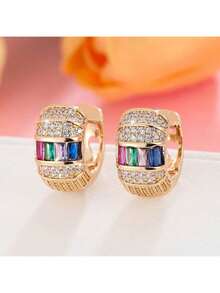 1 Pair Fashionable Round Earrings For Women, Inlaid With Shiny Colorful Zirconia Stones, Suitable For Weddings And Parties - Hoop Earrings - View 9