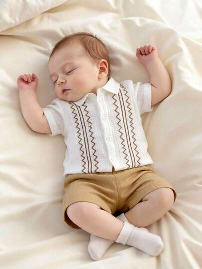 2pcs Newborn Baby Boy Summer Outfit, Cotton Short Sleeve Shirt And Casual Shorts Set, Daily Wear