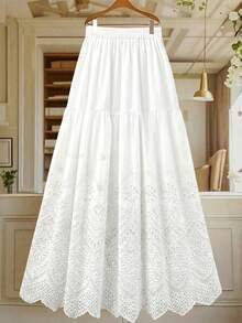 EARO 女士白色长款刺绣半身裙，松紧腰设计，休闲无弹面料，时尚宽松，优雅夏季之选 - 白 - 查看 2