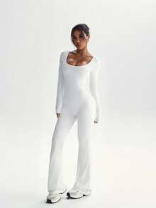 FWH Fashionable Outdoor Yoga, Pilates, Commuting, Date Essential Elastic Sexy Jumpsuit, Ruched Design On Buttocks Lifts And Slims Legs, Removable Built-In Bra, Long Sleeves, Elegant Back Design, High-Waisted Tummy Control, Flared Hem, Slim-Fit Flattering, Fresh Bright Colors - White - View 7
