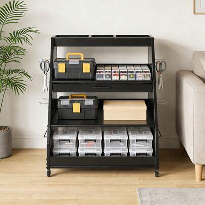 4-Tier Heavy-Duty Rolling Tool Storage Cart ,Garage Organizer For Tools, Equipment & Supplies, Black