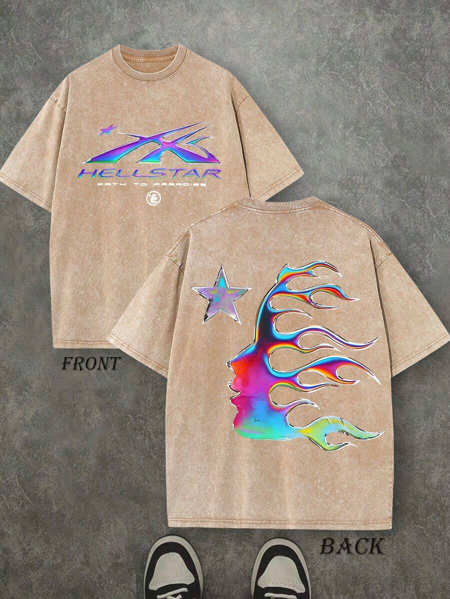 Men's Oversized Washed Graphic T-Shirt Hell Flame Star Silver Print Vintage Streetwear Tee - 咖啡 - 查看 1