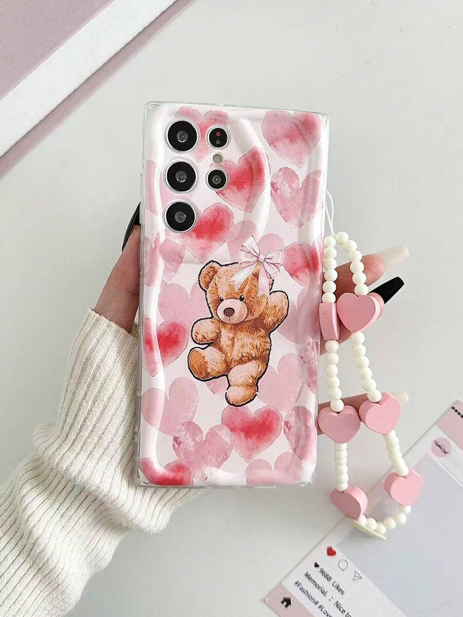 Ốp điện thoại hình gấu trái tim in hình, viền lượn sóng, bề mặt sơn bóng, chống rơi vỡ, kèm phụ kiện vòng tay hạt cườm, tương thích với iPhone 17pro/17Air/17/17promax/16/11/16pro/16plus/16promax/16e/15Promax/13/14/12/XS/XR/7G/8P, Galaxy 11/12Pro/12/12X/13Pro/14Pro/15Pro/X3pro/, 10/9/Note9/12c/Note11pro/Note8Pro/9C/9a - Nhiều màu - Xem 1